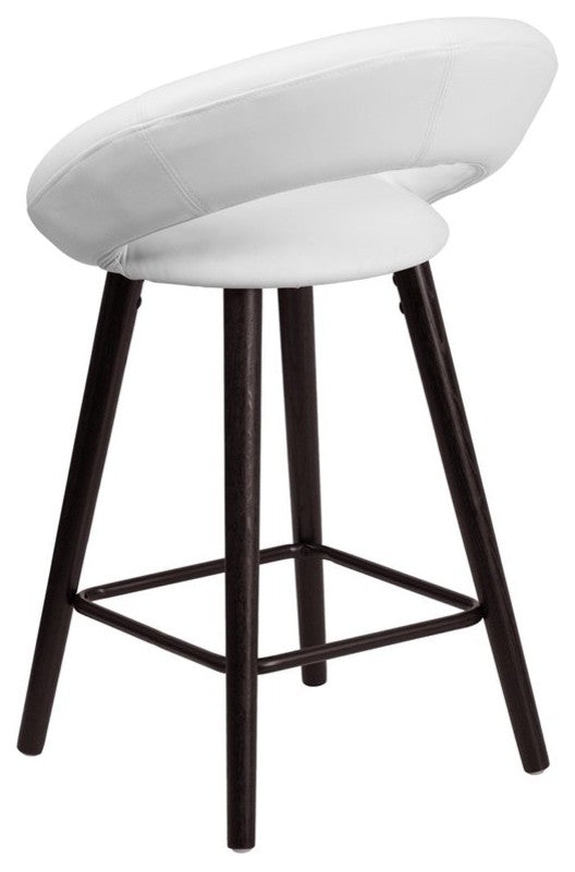 Estella Lexi Rounded Low-Back 24" Cappuccino Wood Counter Stool, White Vinyl
