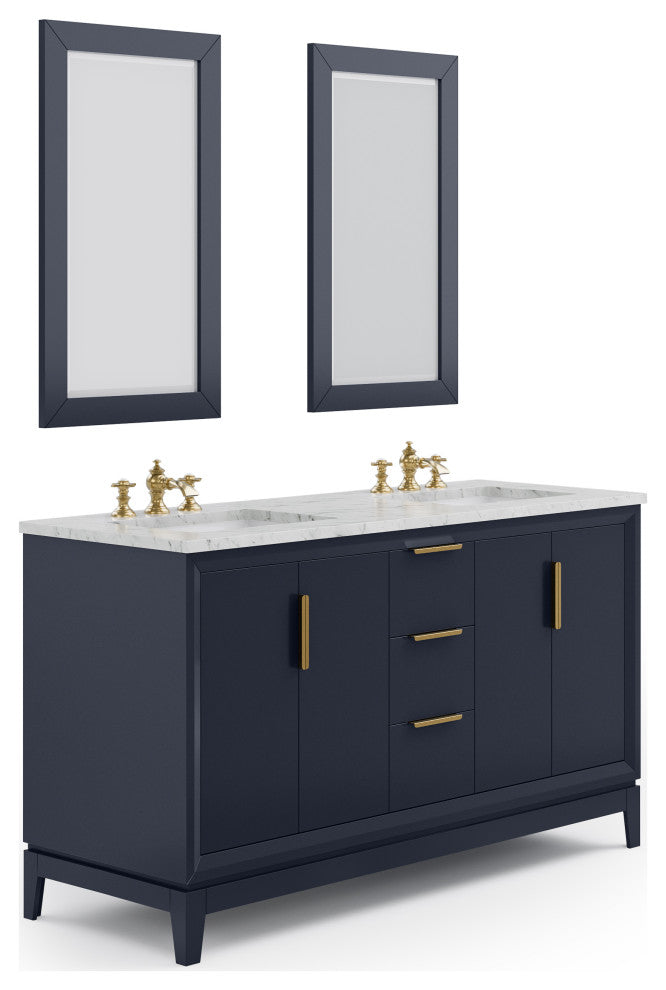 Elizabeth 60" Double Sink Carrara White Marble Vanity, Monarch Blue