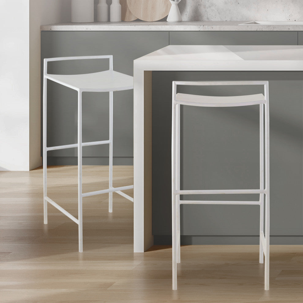 Coastal Contemporary Iron Saddle-Seat Low-Back Bar Stool, Foot Rest