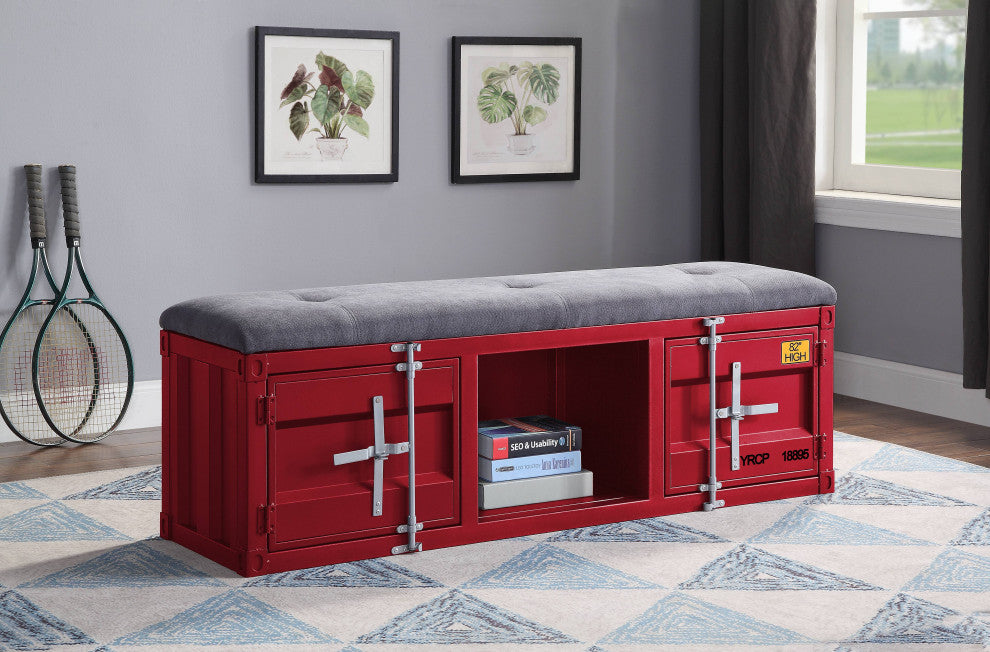 ACME Cargo Storage Bench, Gray Fabric and Red