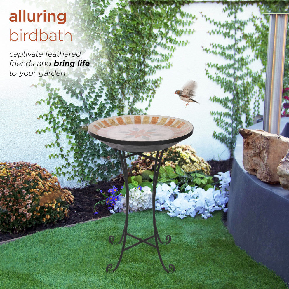 25"H Outdoor Decorative Mosaic Birdbath with Metal Stand, Tan/Beige