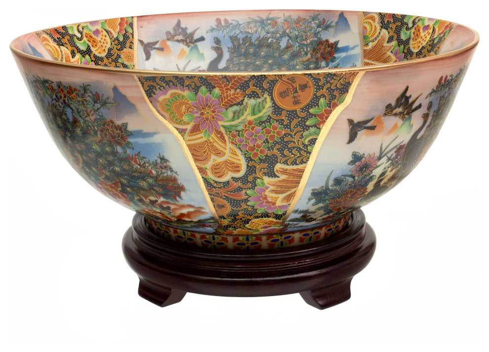 14" Satsuma Ladies and Peacock Porcelain Bowl