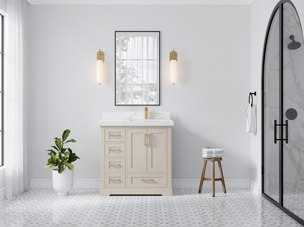 Boston 36" Right Offset Bath Vanity in Fine Grain 2" Calacatta Laza