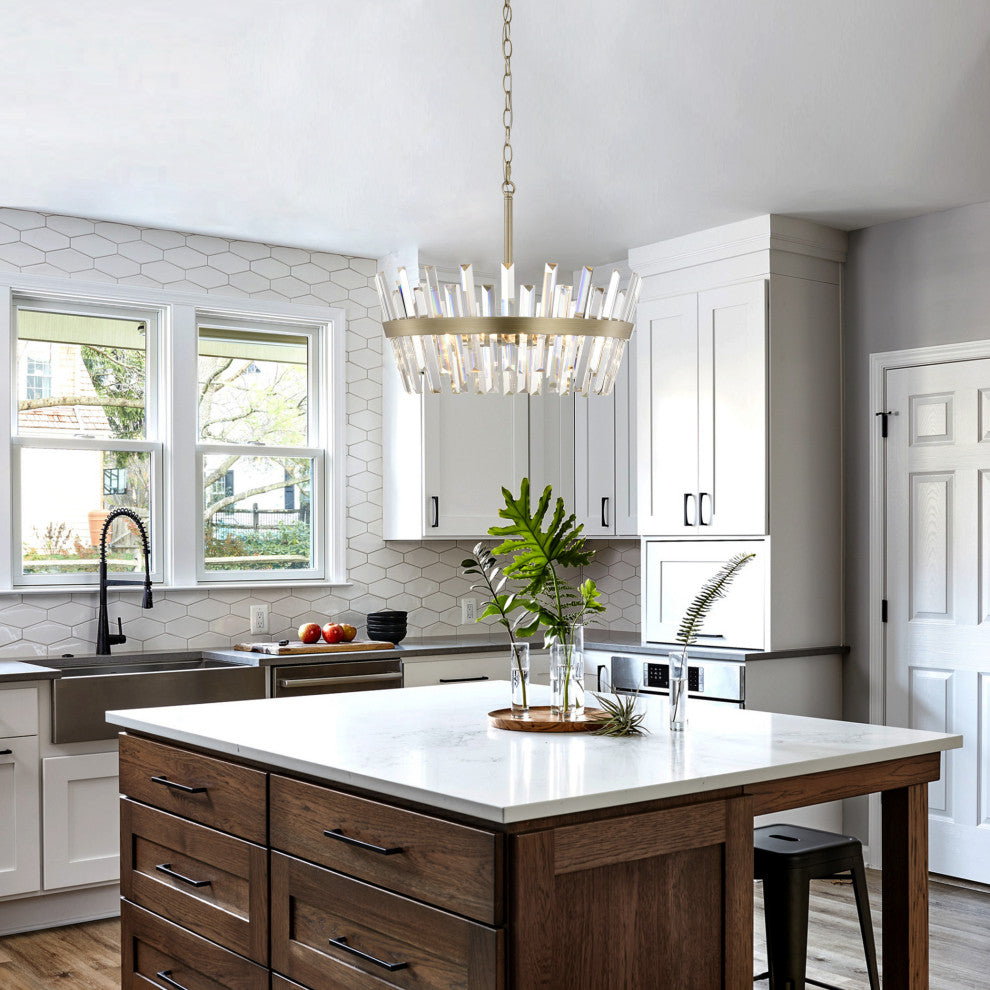 Eva 6-Light Glam Crystal Glass Prism Round Chandelier, Brushed Silver-Ish Champagne