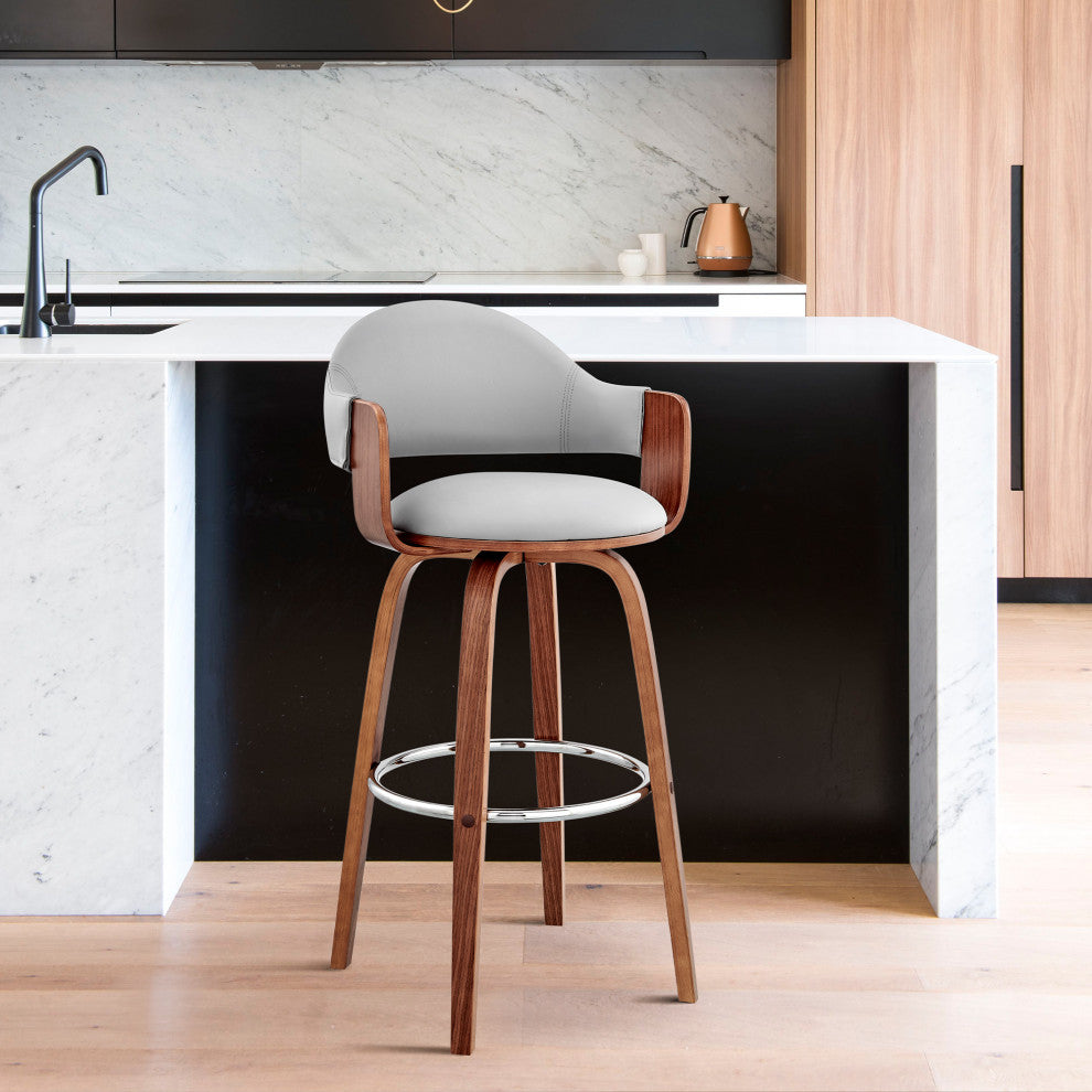 Daxton Faux Leather and Wood Bar Stool, Gray and Walnut, 30"