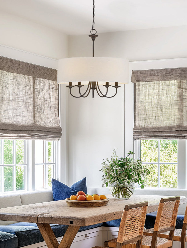 Kira Home Quinn 22" Chandelier, White Linen Drum Shade, Oil-Rubbed Bronze
