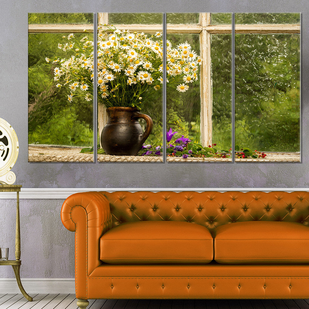 "Still Life Bouquet of Chamomiles" Modern Landscape Wall Art, 4 Panels, 48"x28"
