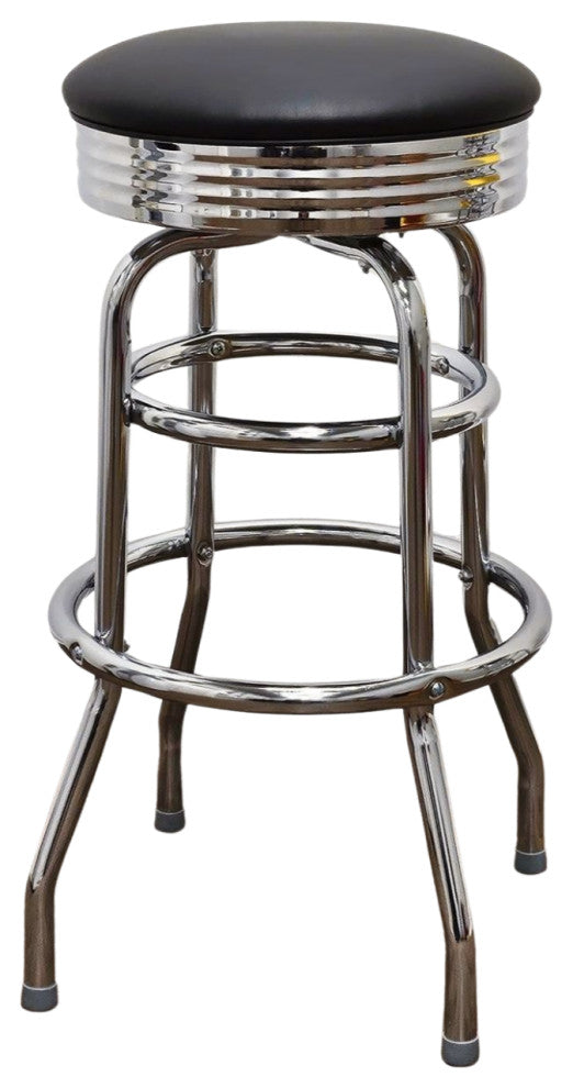 Retro Home Double Ring Chrome Pan Swivel 30" Bar Stool, Black