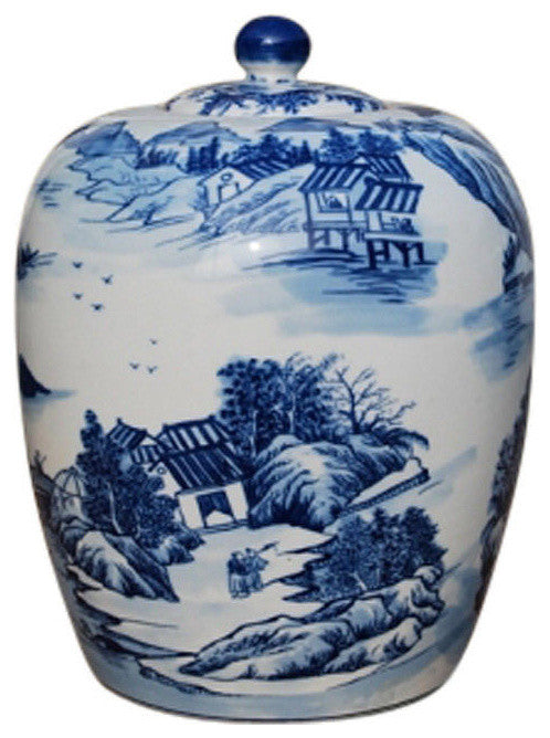 Blue and White Blue Willow Motif Porcelain Ginger Jar 15"