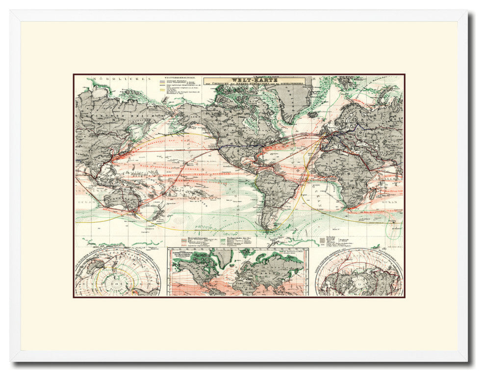 World Ocean Currents Old Map Print On Canvas With Frame Art Collection 16" X 21"