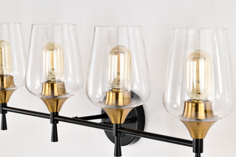 30 in. 4-Light Black and Antique Brass Vanity Light With Clear Glass Shades