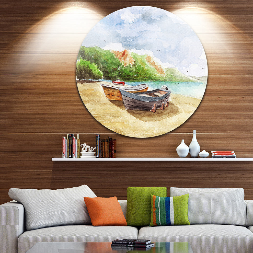 Watercolor Fishing Boats, Landscape Disc Metal Artwork, 11"
