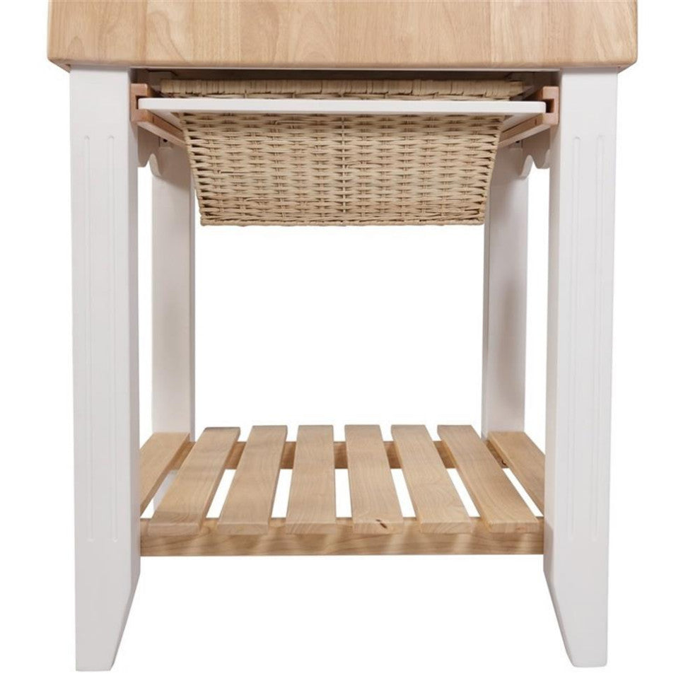 Linon Kolton Butcher Block Kitchen Island with 2 Baskets in White/Natural Wood