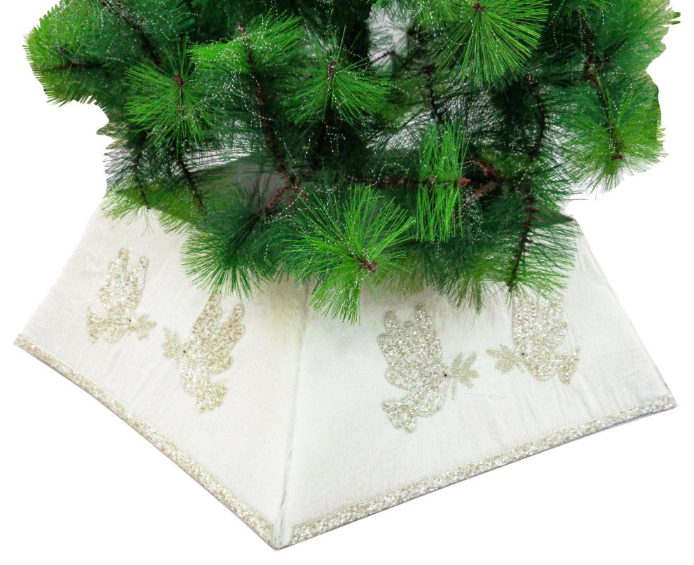 Hand Beaded Christmas Tree Collar, Doves on White Silk