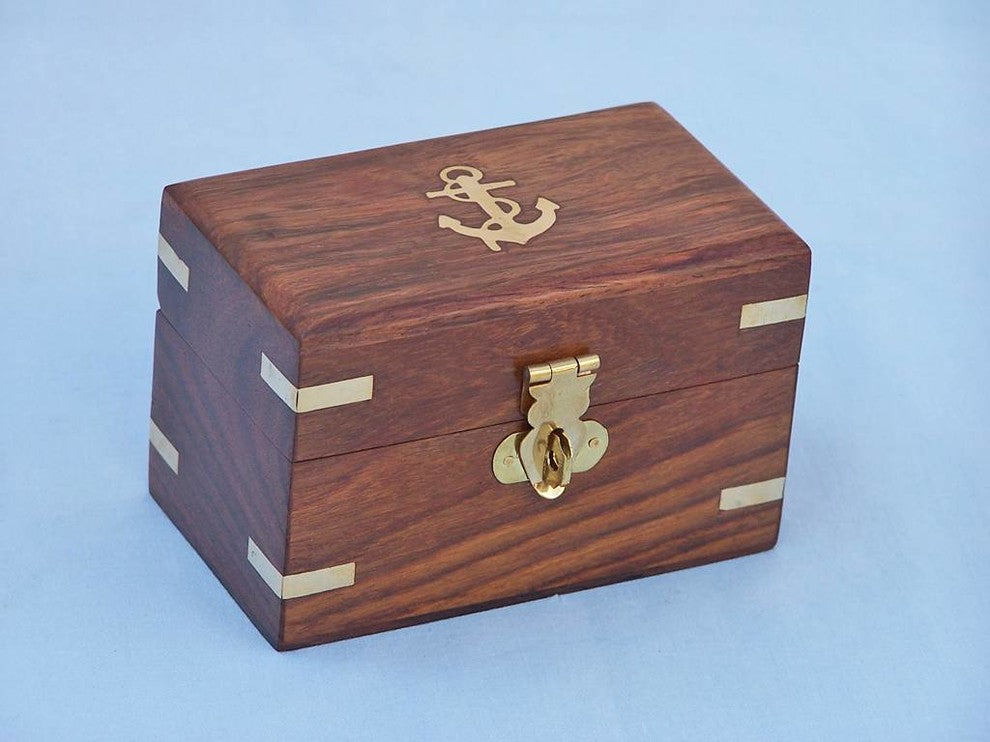 Antique Brass Anchor Shot Glasses With Rosewood Box 4'', Set of 2, Brand New