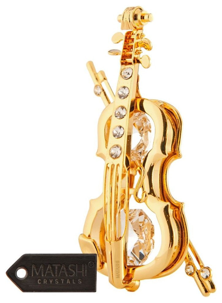 24K Gold Plated Crystal Studded Violin And Bow Ornament