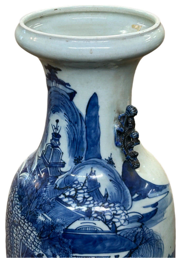 23.5" Vintage Blue White Scenery Porcelain Ru Yi Ear Art Vase Hws4361