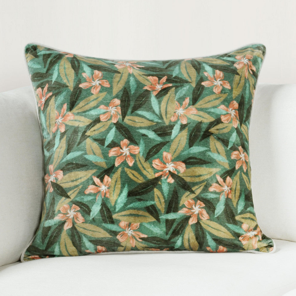 Lamia 22" Cotton Velvet Fabric Botanical Throw Pillow, Green