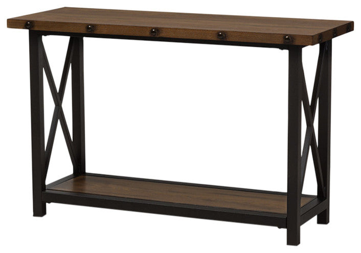 Herzen Antique Black Textured Finished Metal Distressed Wood Console Table