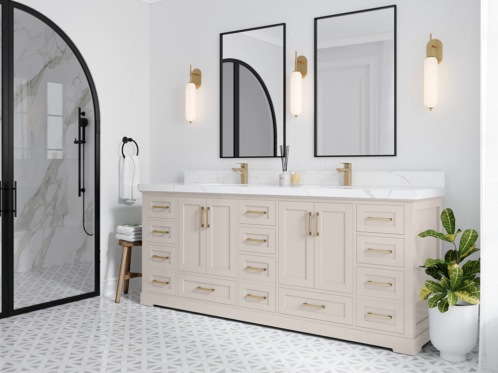 Boston 84" Double Sink Bath Vanity in Fine Grain 2" White Quartz