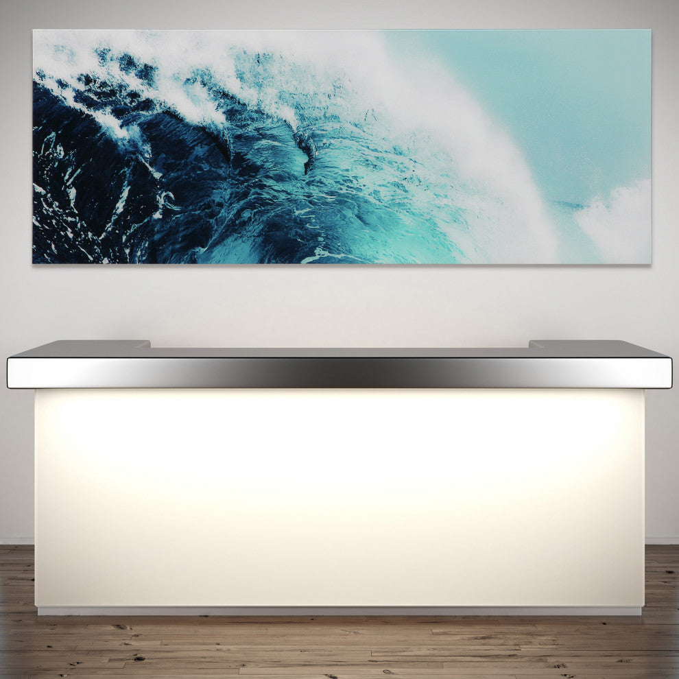 "Blue Wave 1" Wall Art Frameless Free Floating Tempered Glass Print 24" x 63"