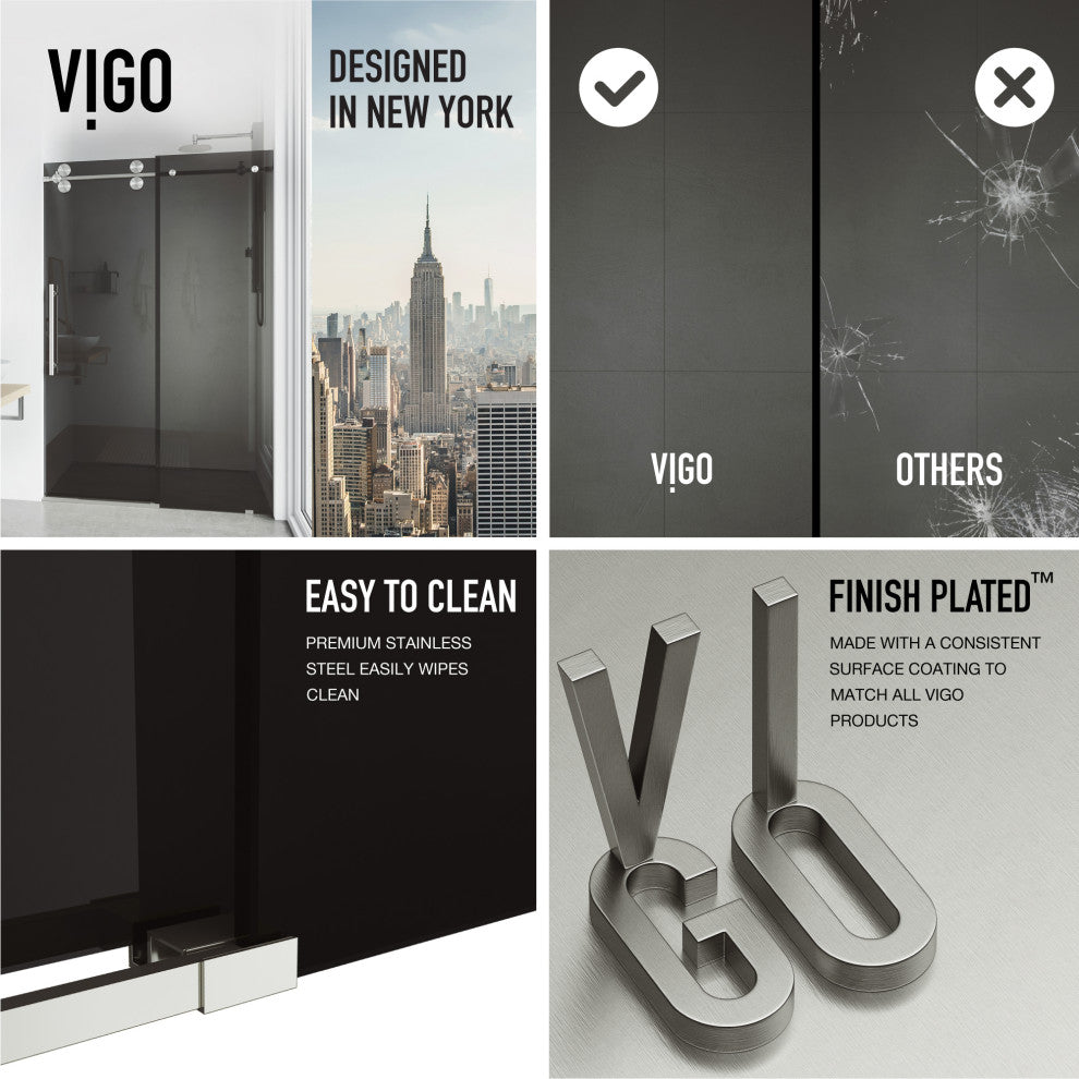 VIGO Elan 68" to 72" W x 74" H Frameless Sliding Shower Door, Stainless Steel, Black Tint Glass
