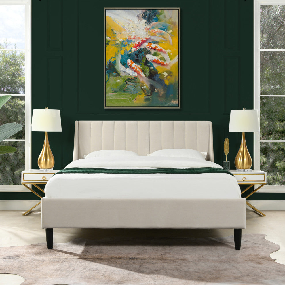 Aspen Modern Vertical Tufted Upholstered Platform Bed, French Beige Performance Velvet, Queen