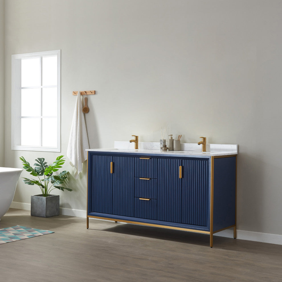 Granada Vanity With White Composite Stone Top, Royal Blue, 60", Without Mirror
