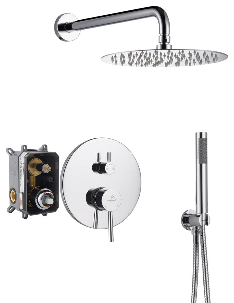 CASAINC 10" Round Wall Mounted Luxury Rain Shower System with Handheld Spray, Chrome