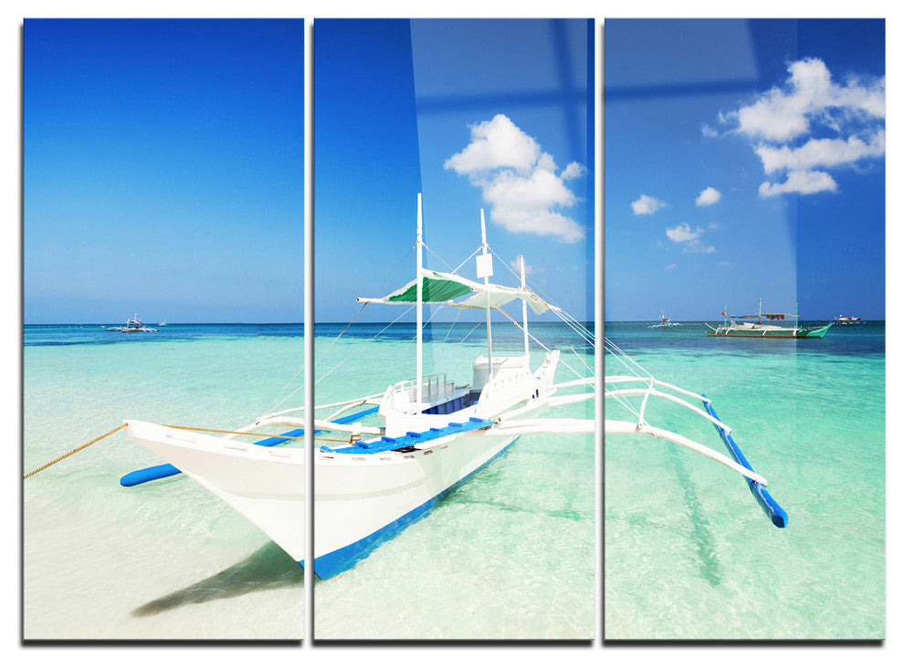 "Boat in Blue Sea Water" Metal Wall Art, 3 Panels, 36"x28"