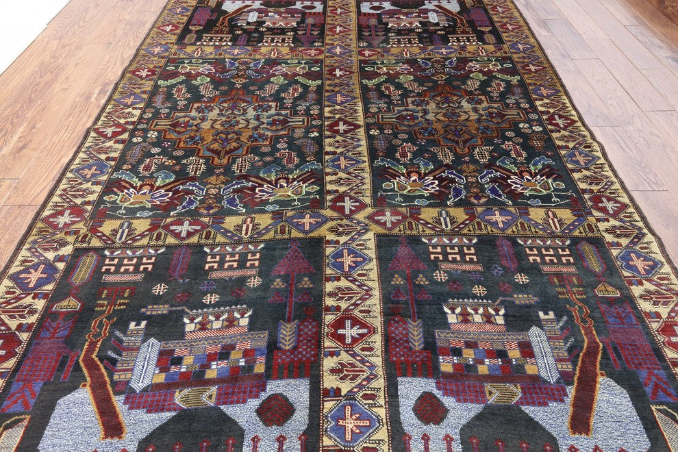 Black Tribal Geometric Afghan Hand-Knotted Wool Rug, 6'x9'
