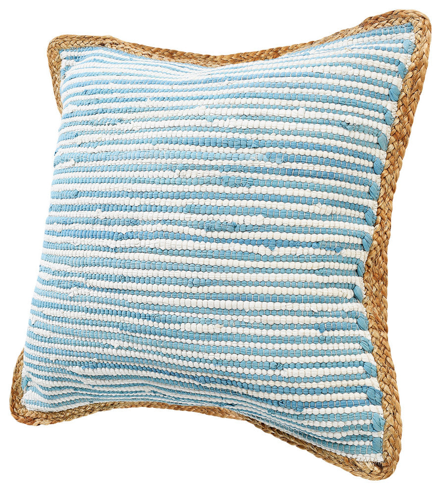 Bright Blue and White Striped Jute Bordered Throw Pillow