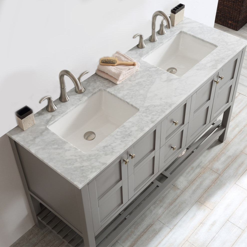 60" Double Vanity in Grey with Carrara White Marble Countertop Without Mirror