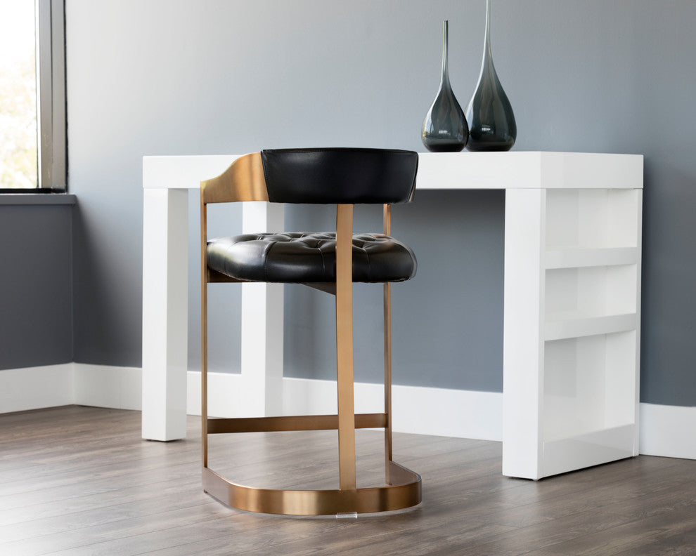 Beaumont Counter Stool, Antique Brass, Black Leather