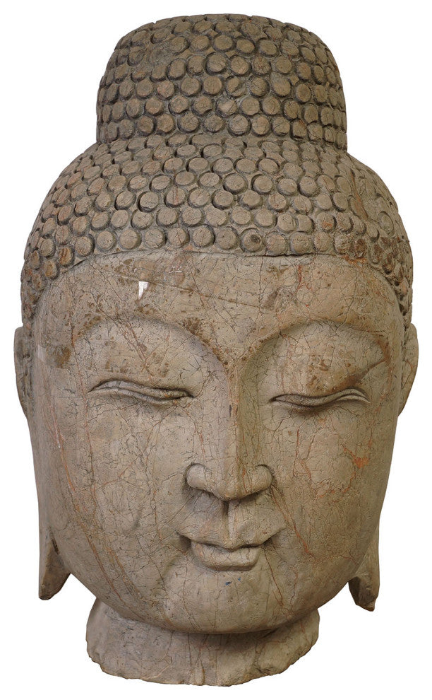 Consigned 14" Antique Chinese Carved Stone Buddha Head Statue