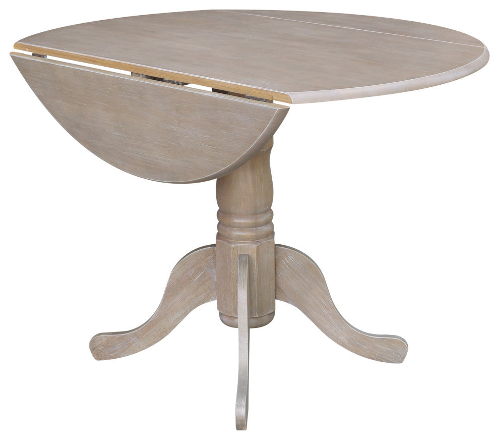 42" Round Dual Drop Leaf Pedestal Table, Washed Gray Taupe