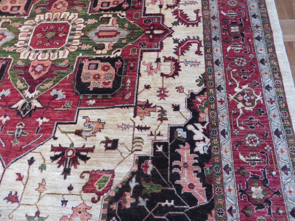 9"x11" Hand-Knotted Ivory Fine Serapi Heriz Oriental Rug Vegetable Dyes