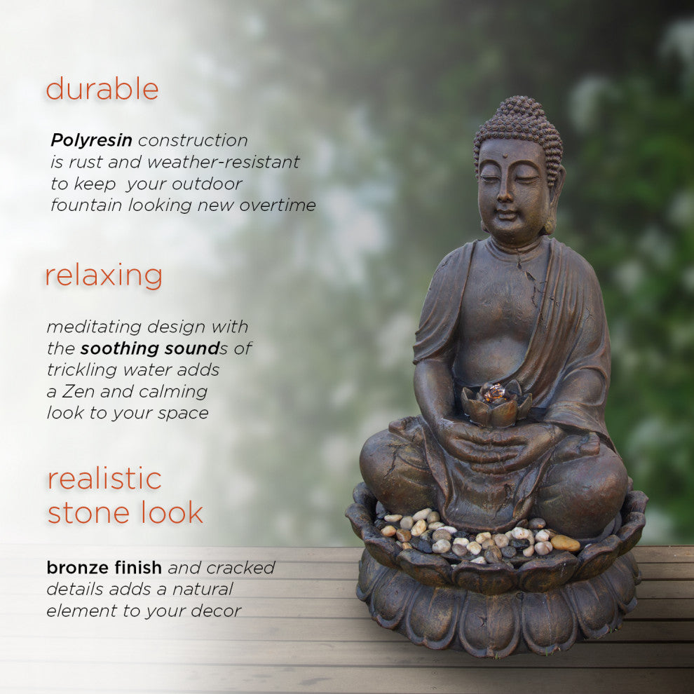 Alpine Meditating Buddha Fountain With LED Light, 33" Tall