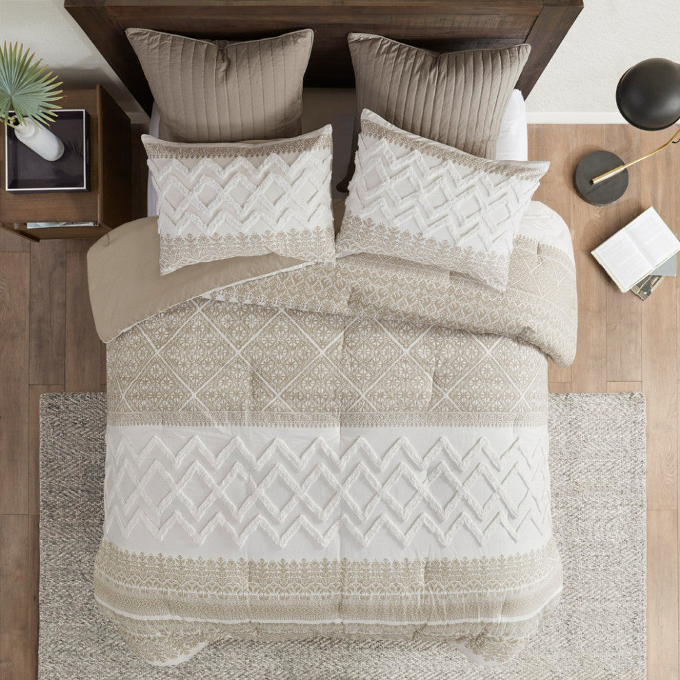 INK+IVY Mila 3 Piece Cotton Comforter Set With Chenille Tufting, Taupe