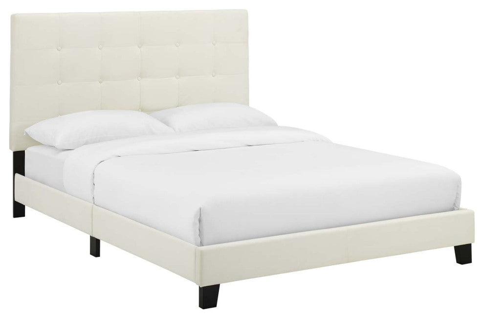 Melanie King Tufted Button Upholstered Performance Velvet Platform Bed Ivory