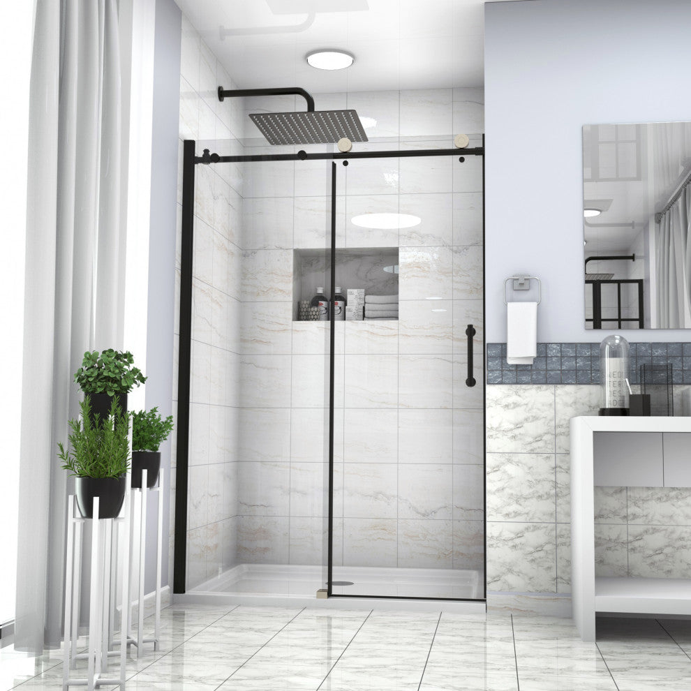 48" W x 76" H Frameless Single Sliding Shower Door, Matte Black