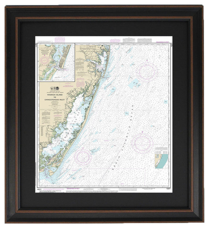 Poster Size Framed Nautical Chart; Fenwick Island, Chincoteague and Ocean City