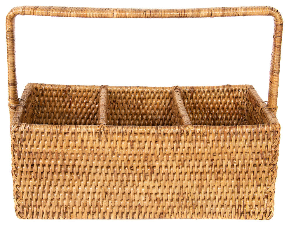 Artifacts Rattan™ 3 Section Caddy/Cutlery Holder with Handle, Honey Brown