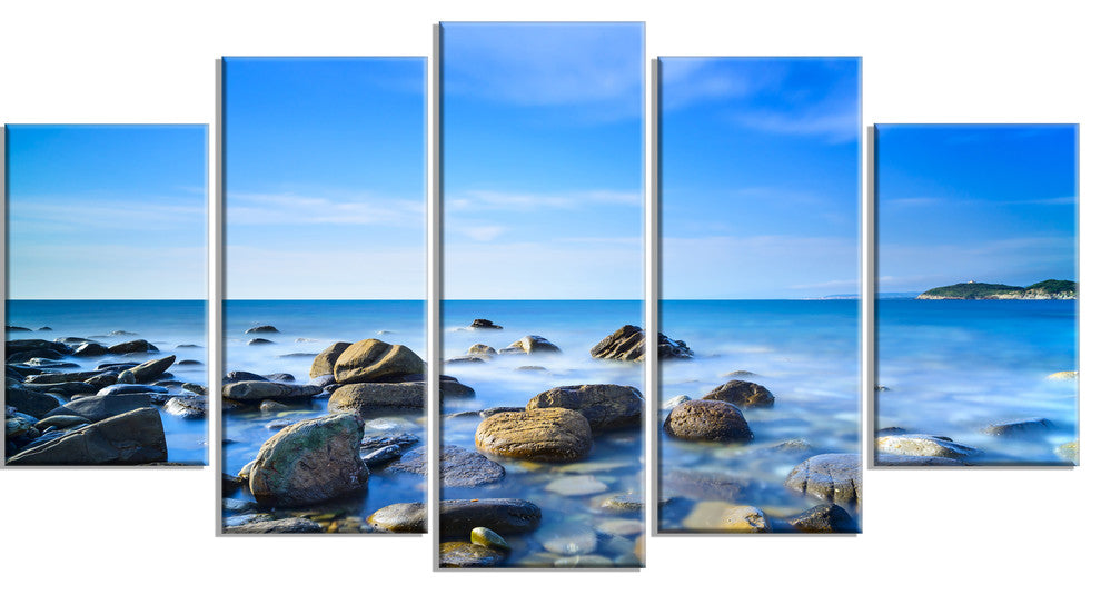 "Baratti Bay Rocks in Waters At Sunset" Seashore Wall Art, 5 Panels, 60"x32"