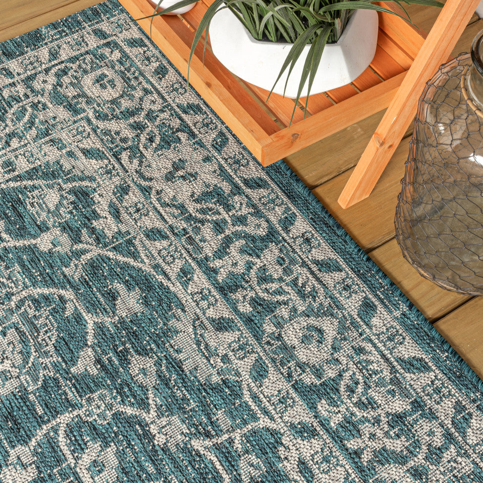 Palazzo Vine and Border Textured Weave Indoor and Outdoor Area Rug, Teal and Gra