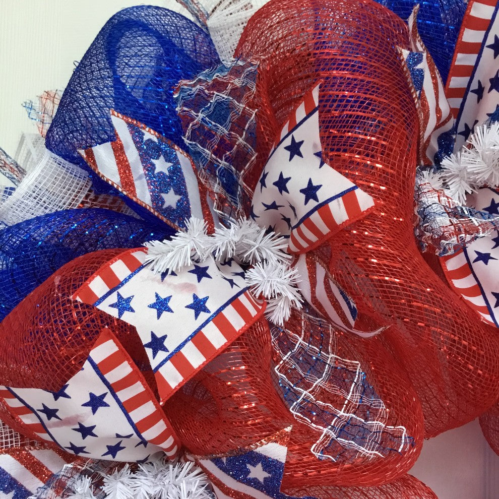 Three Cheers For The Red White And Blue Patriotic Ribbon Deco Mesh Wreath, 28 In