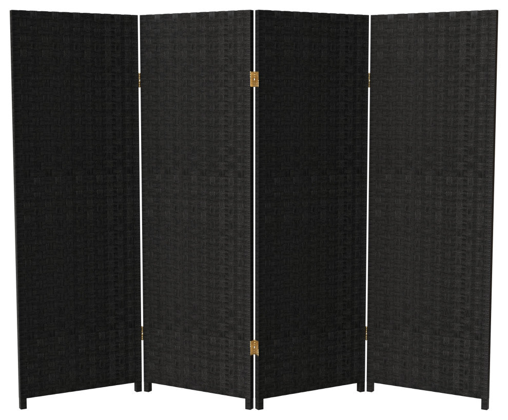 4' Tall Woven Fiber Room Divider, Black, 4 Panel