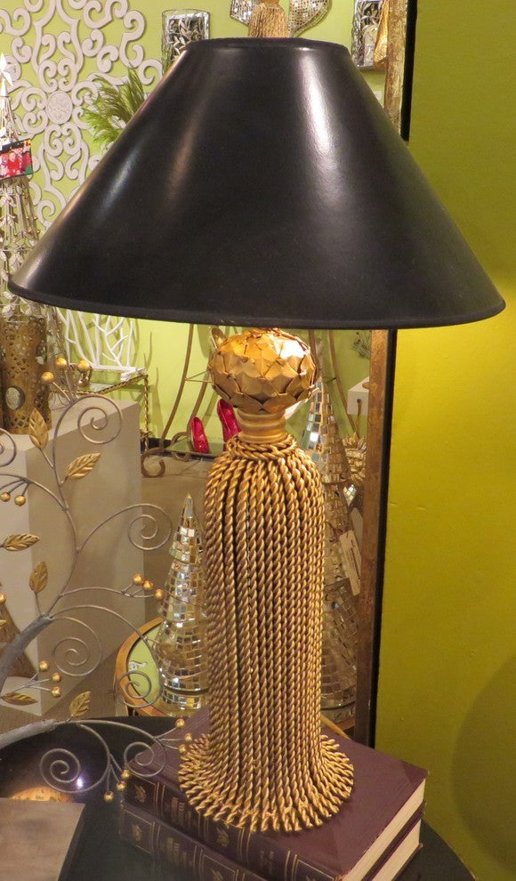 28" Gold Iron Tassel Table Lamp, Cottage Contemporary Romantic Ornate Black