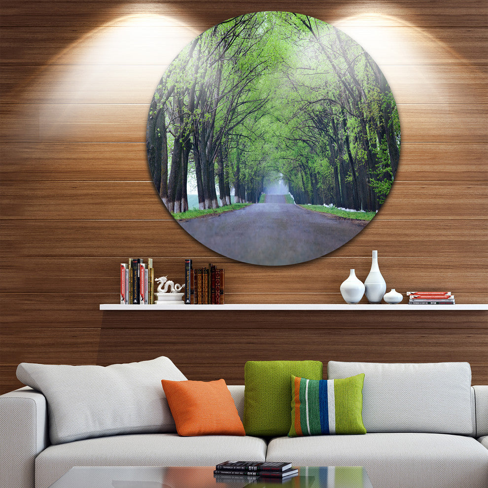 Arched Trees Over Country Road, Landscape Round Metal Wall Art, 23"
