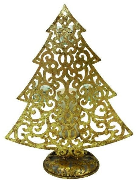 Luxe Holiday Xmas Tree Candle Holder, Pillar Votive Gold Metal